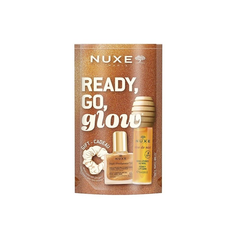 NUXE Promo pack Ready to glow με 2 προϊόντα: Honey Lip Care 10ml & Huile Prodigieuse Or 10ml & ΔΩΡΟ Scrunchie μαλλιών!