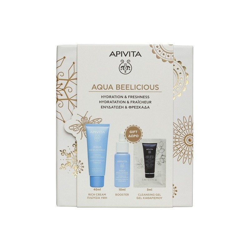 APIVITA Promo Aqua beelicious με Κρέμα πλούσιας υφής 40ml & Booster 10ml & Μαύρο τζελ καθαρισμού 5ml