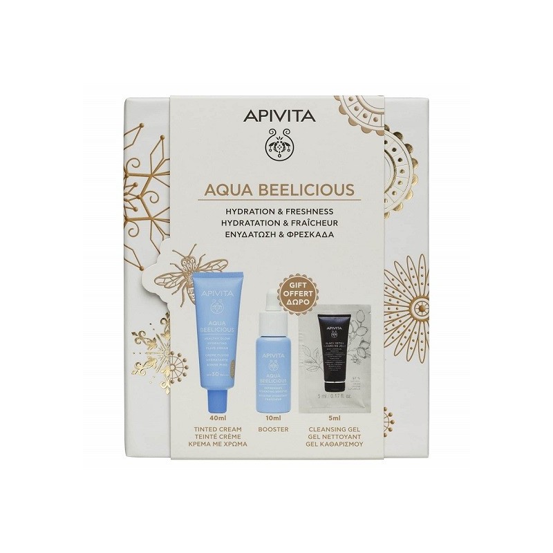 APIVITA Promo Aqua beelicious με Κρέμα με χρώμα Spf30 40ml & Booster 10ml & Μαύρο τζελ καθαρισμού 5ml