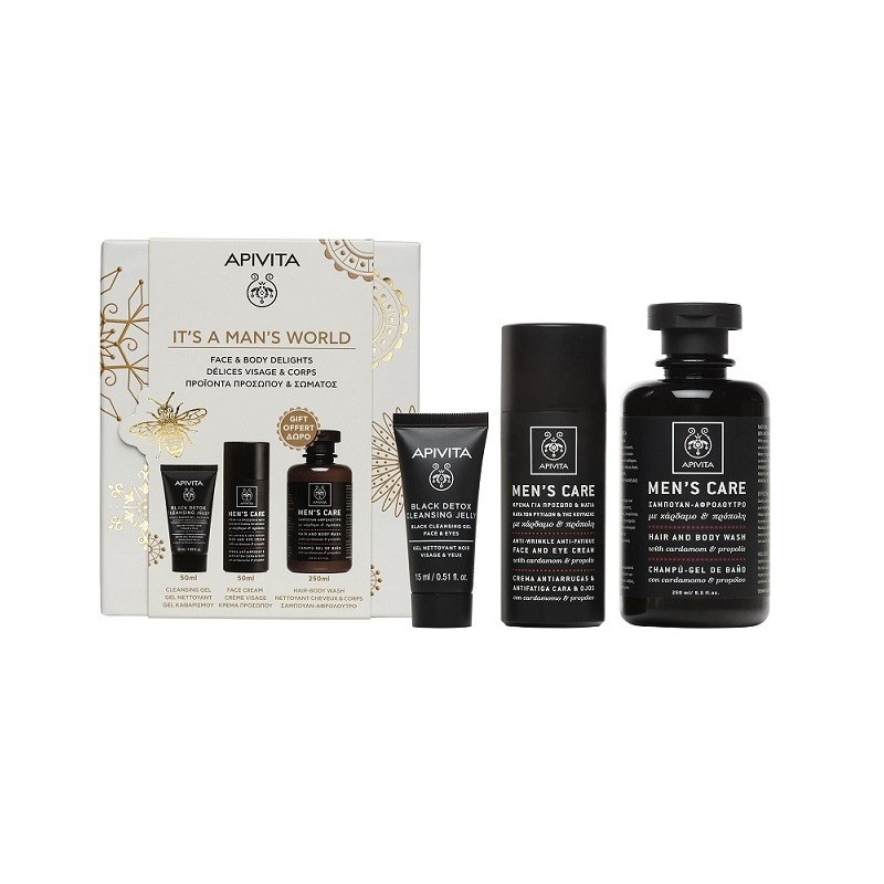 APIVITA Ανδρικό πακέτο με Κρέμα Προσώπου & Ματιών 50ml & Gel καθαρισμού 50ml & Σαμπουάν & Αφρόλουτρο 250ml