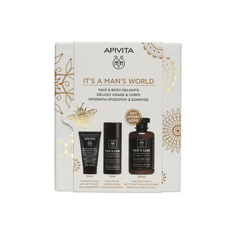APIVITA Ανδρικό πακέτο με Κρέμα Προσώπου & Ματιών 50ml & Gel καθαρισμού 50ml & Σαμπουάν & Αφρόλουτρο 250ml