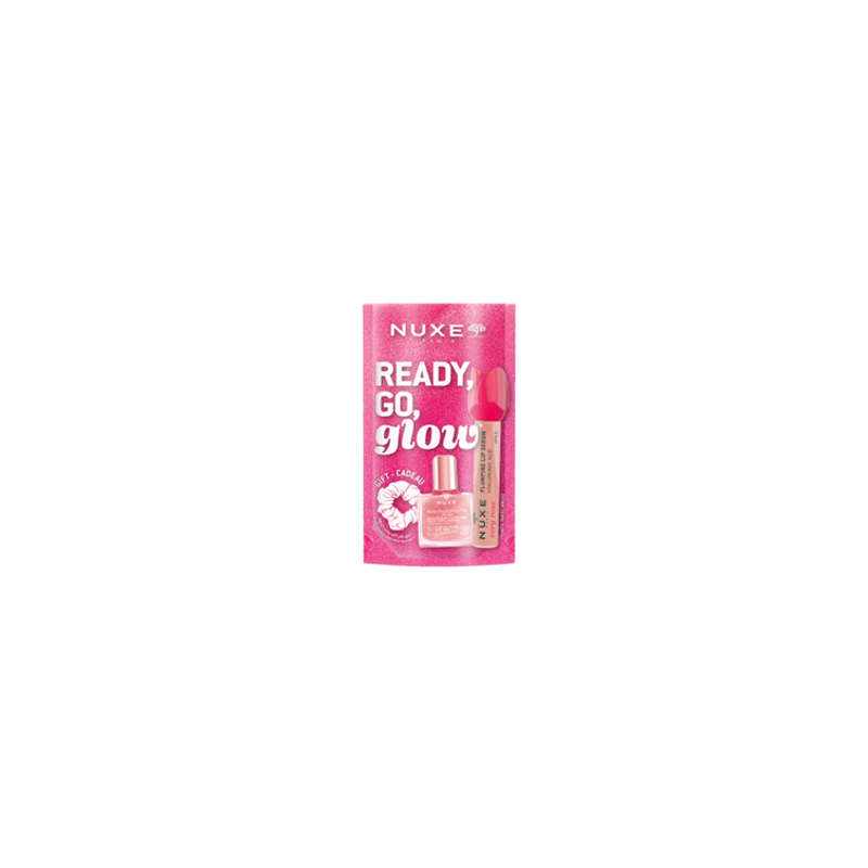 NUXE Glow on the go Pink Set με Very rose plumping lip serum 8ml & Huile prodigieuse or floral mini 10ml & ΔΩΡΟ SCRUNCHIE