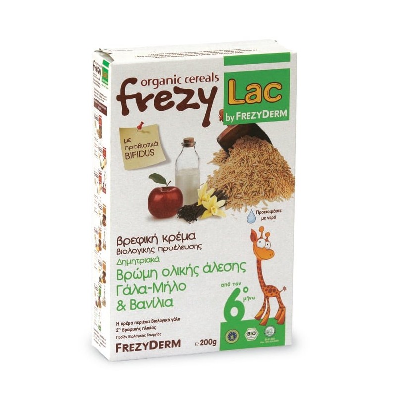 FREZYLAC Organic cereals βρώμη ολικής άλεσης με γάλα,μήλο & βανίλια 200gr