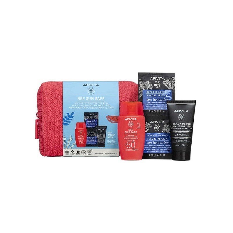 APIVITA PROMO Bee sun safe Dry touch fluid Spf50 50ml & ΔΩΡΟ Gel καθαρισμού 50ml & Face mask 2x8ml & Νεσεσέρ